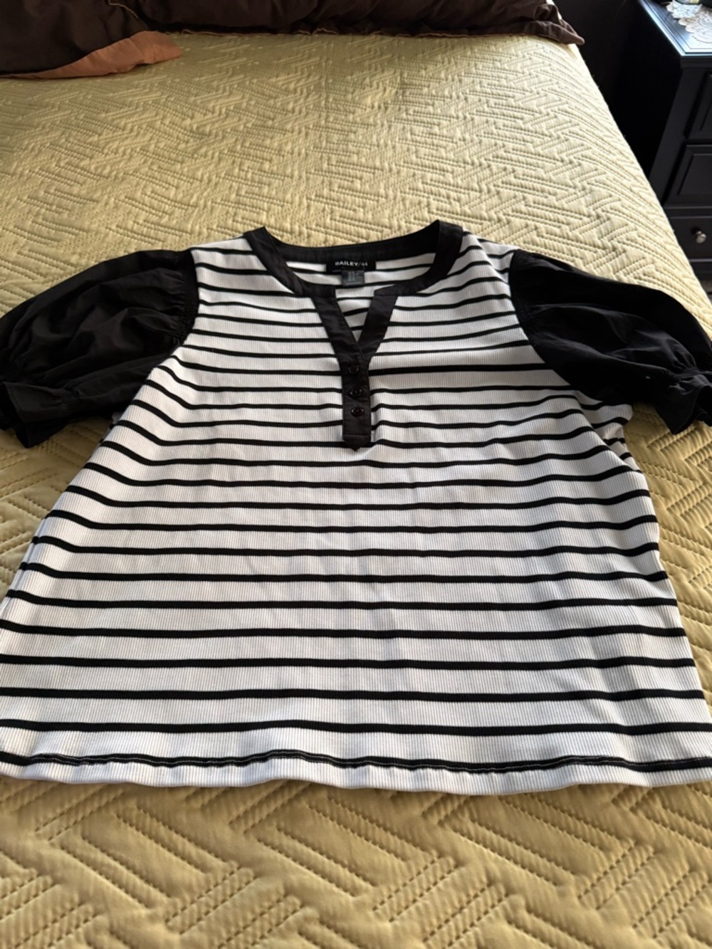 Bailey 44 Black and White Striped Puff Sleeve Henley Top - Picture 7 of 7